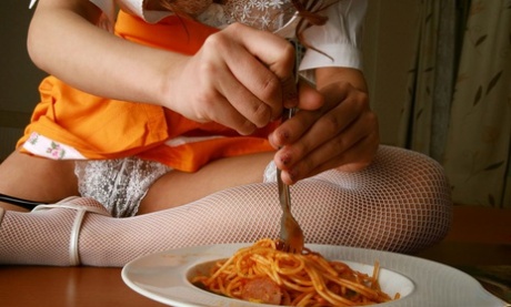 Asian redhead Saori Harada drools after exposing herself over a plate of pasta