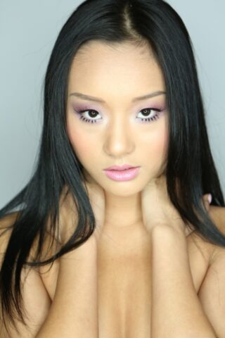 Petite Asian Alina Li poses erotically in pink lace lingerie & teases topless