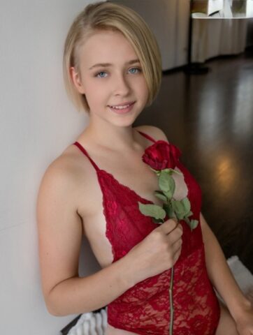59288690_002_058c Sweet blonde teen Kamilla takes off red lingerie to go bare naked